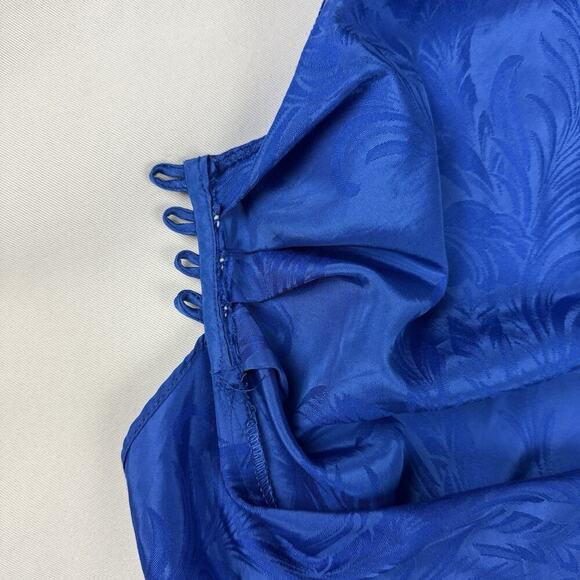 VTG 80s Printed Satin Cocktail Wrap Dress Size S Cobalt 90s Evening Party Peplum - Picture 9 of 16
